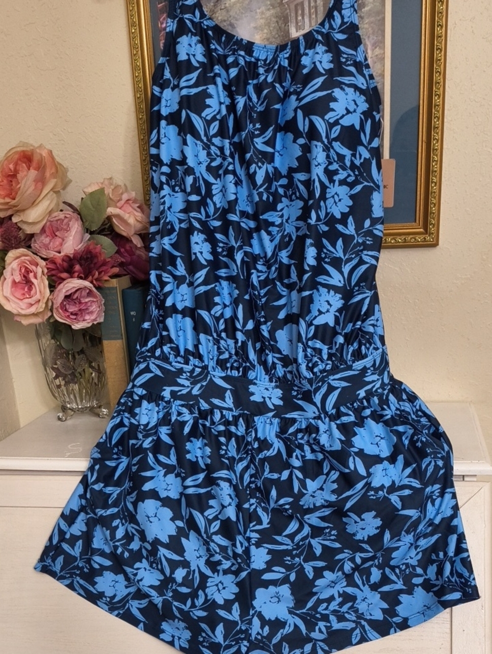 Romper Swimsuit One Piece Navy and White Floral Cruise Pool Vacation Beach Large - Picture 3 of 9